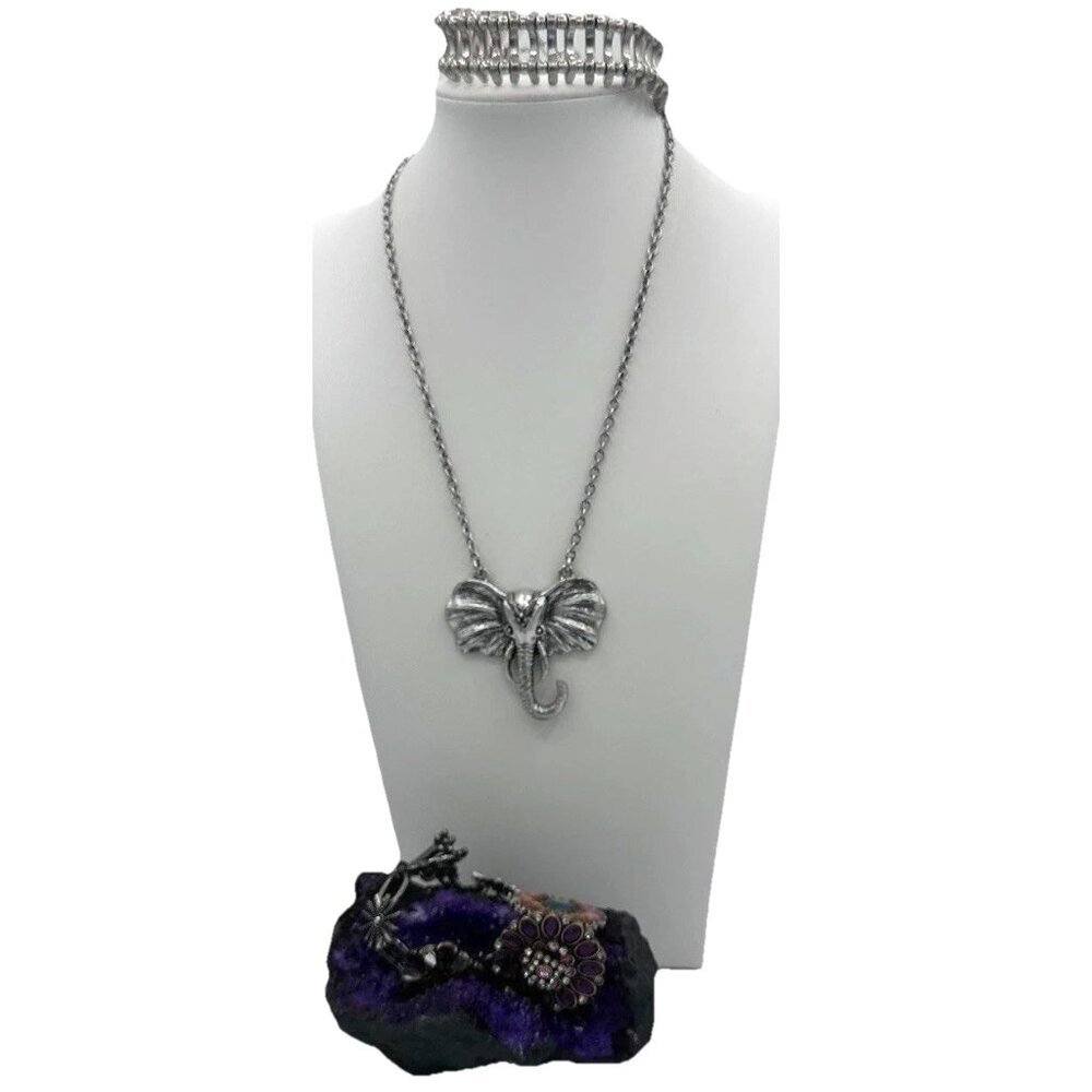 Lucky Brand Bundle Lot 3 Elephant Necklace Silver Tone Bracelet Floral Bracelet